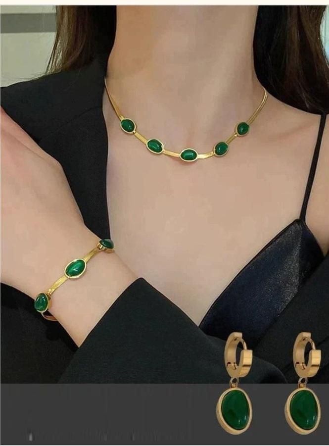 Oval Green Crystal Pendant Necklace Set With Bracelet nmwwyb-dg